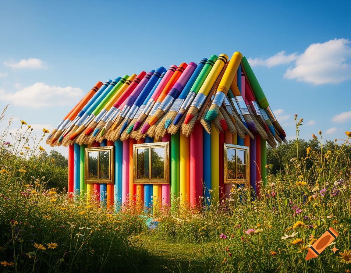 A photorealistic house made of giant colorful crayons and paintbrushes in a sunlit green meadow with wildflowers under a blue sky.