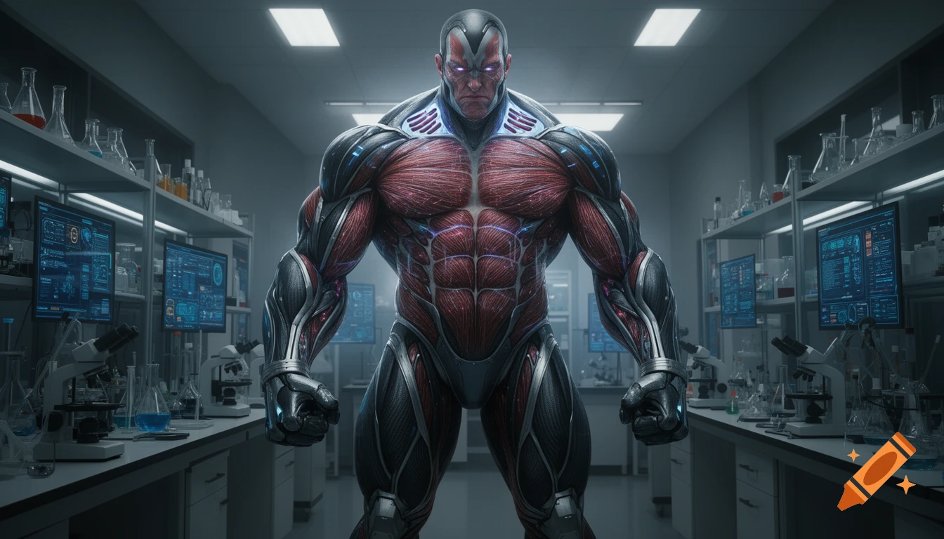 A hyper-realistic, muscular, biomechanical super-soldier with glowing vents stands powerfully in a high-tech laboratory.