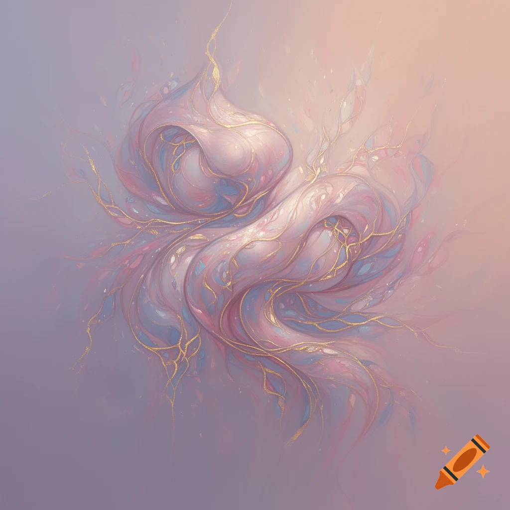 Abstract art with swirling pink, blue, and white forms intertwined with golden lines against a soft pastel background.