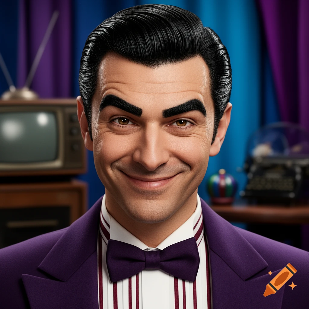 A photorealistic portrait of a smiling man with slick black hair, thick eyebrows, and a purple suit with a bow tie, against a blue and purple background with vintage TV and typewriter.