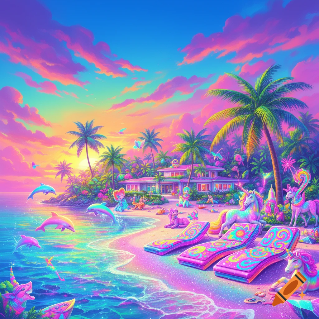 Vibrant Lisa Frank style tropical beach with a mansion, palm trees, unicorns, and dolphins in neon water under a pink and blue sky.