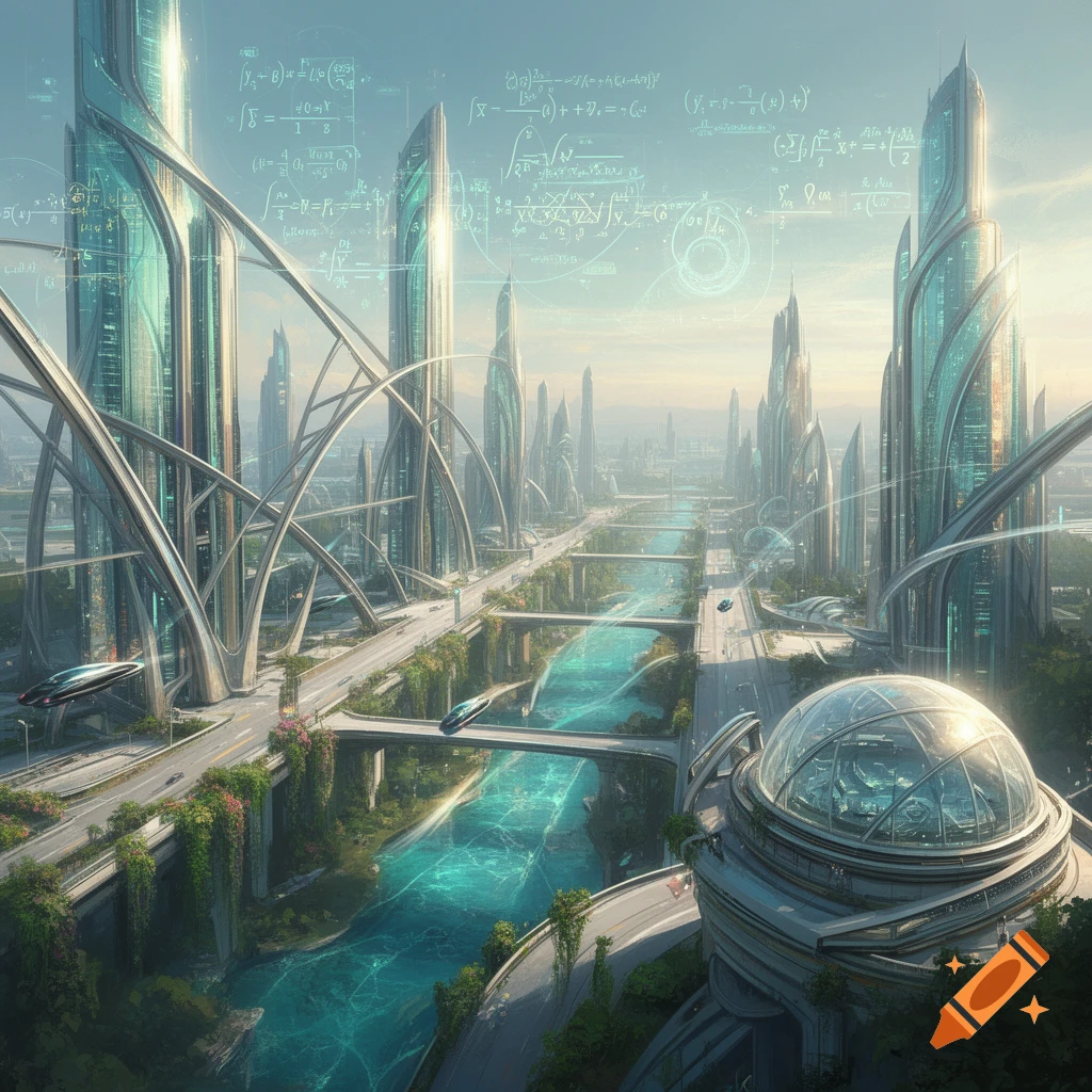 A bright, futuristic cityscape with gleaming spires, a turquoise river, flying vehicles, and holographic mathematical equations in the sky.