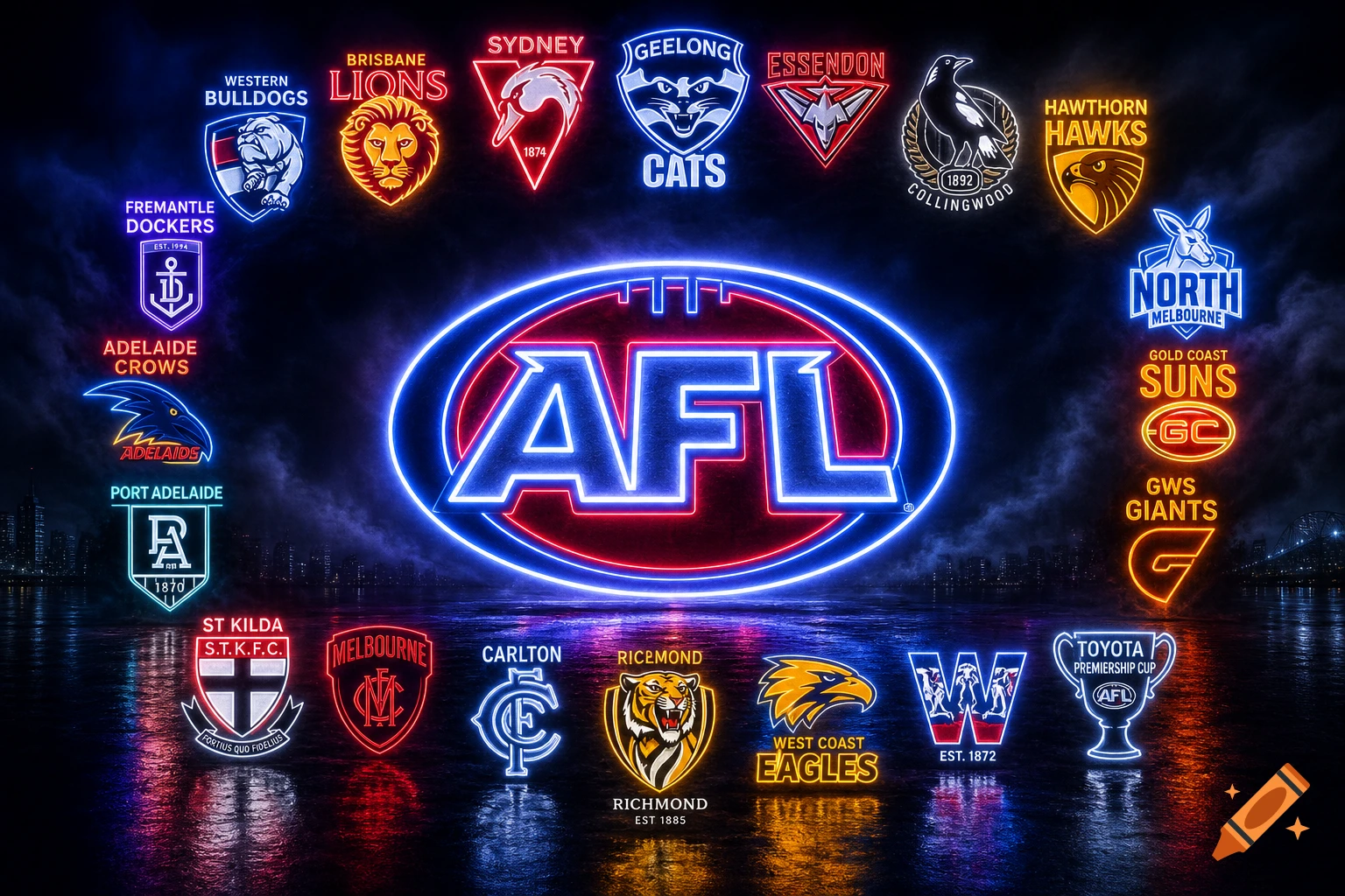 Neon light logos of various Australian Football League teams, with the large AFL logo glowing red and blue in the center against a dark city skyline.