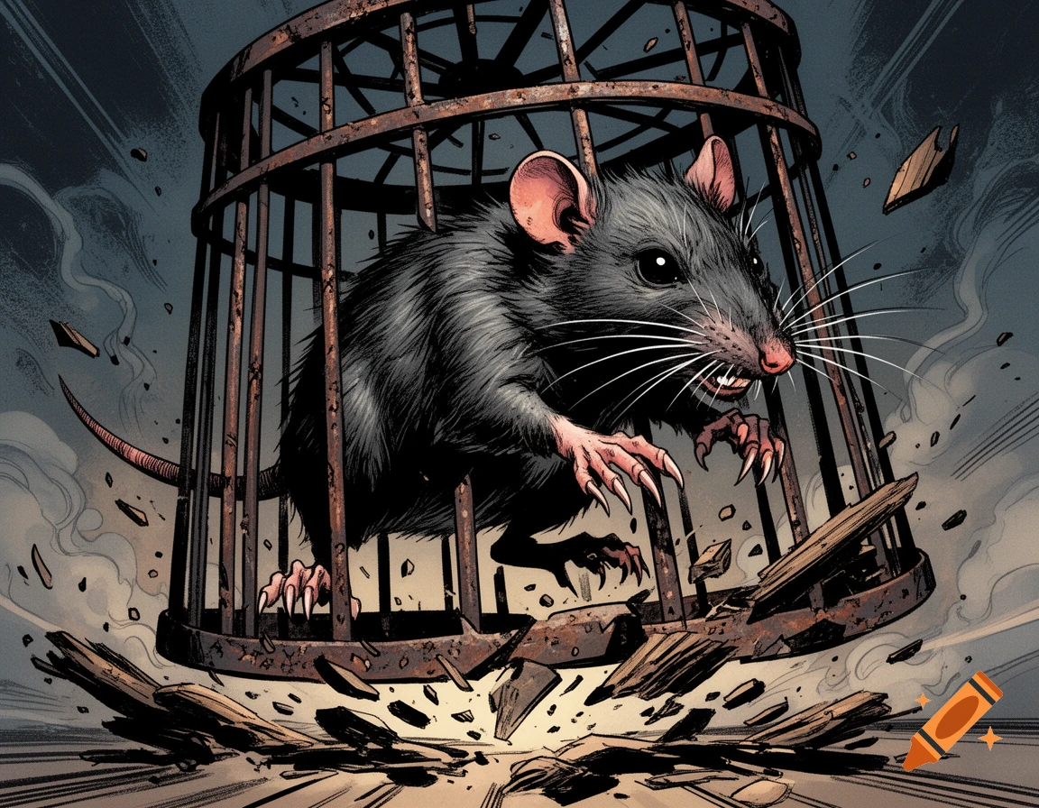 A comic book style black rat with glowing pink ears and claws breaks out of a rusty metal cage, shattering wooden pieces around it.