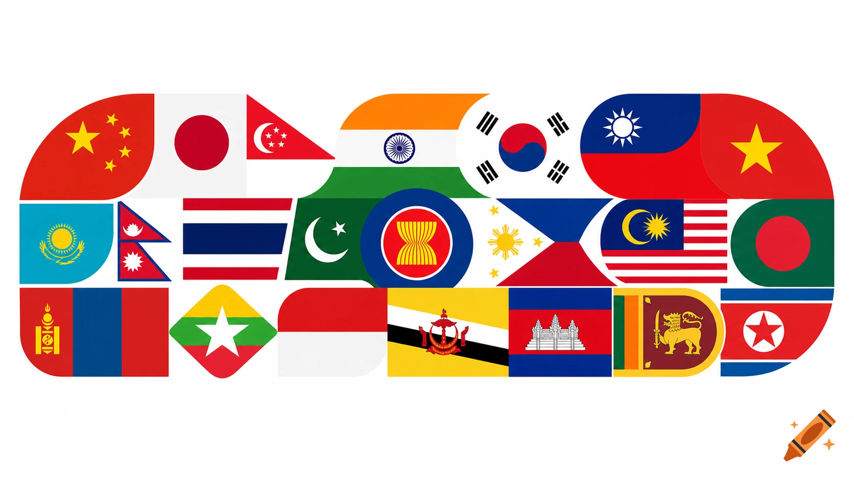 A mosaic of rounded rectangular flags representing various Asian countries and the ASEAN organization, in a clean logo style.