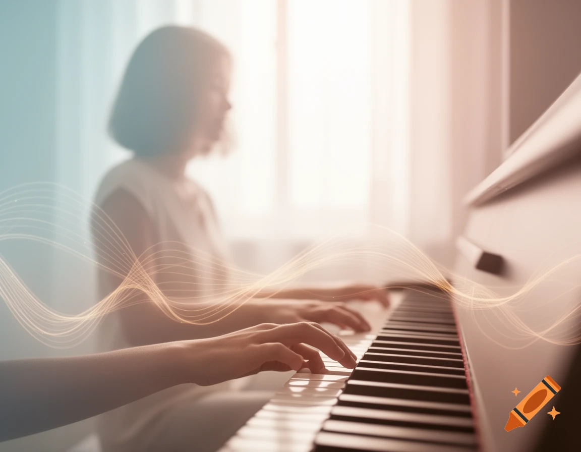 A person's hands play a piano in soft sunlight, with abstract sound waves and a blurred figure in the background.