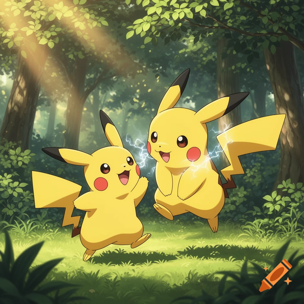 Two cheerful Pikachu emit electricity in a sun-dappled green forest, in an anime style.