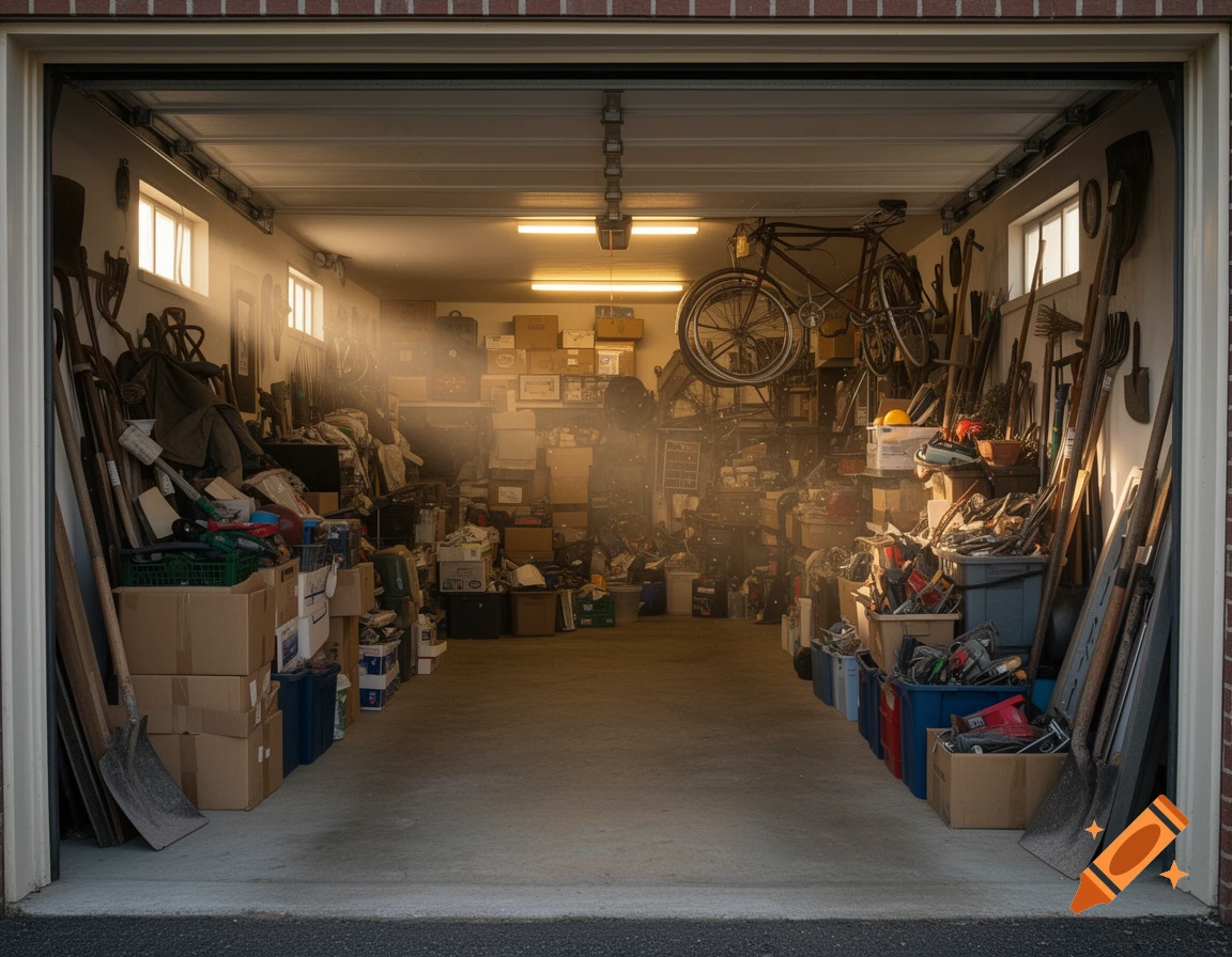 A photorealistic image of a messy, cluttered garage, overflowing with tools, boxes, and a bicycle, illuminated by sunlight.