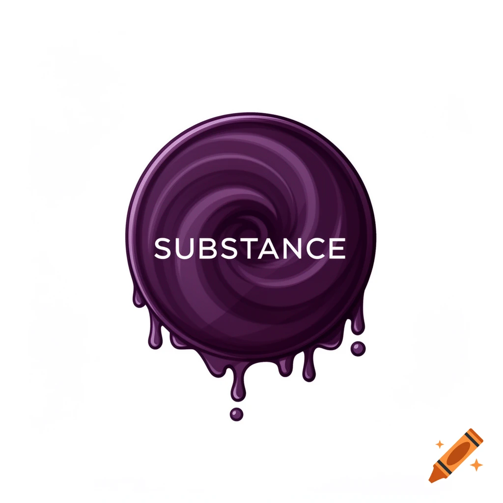 A stylized dark purple swirling disc with 'SUBSTANCE' in white, dripping purple liquid from the bottom.