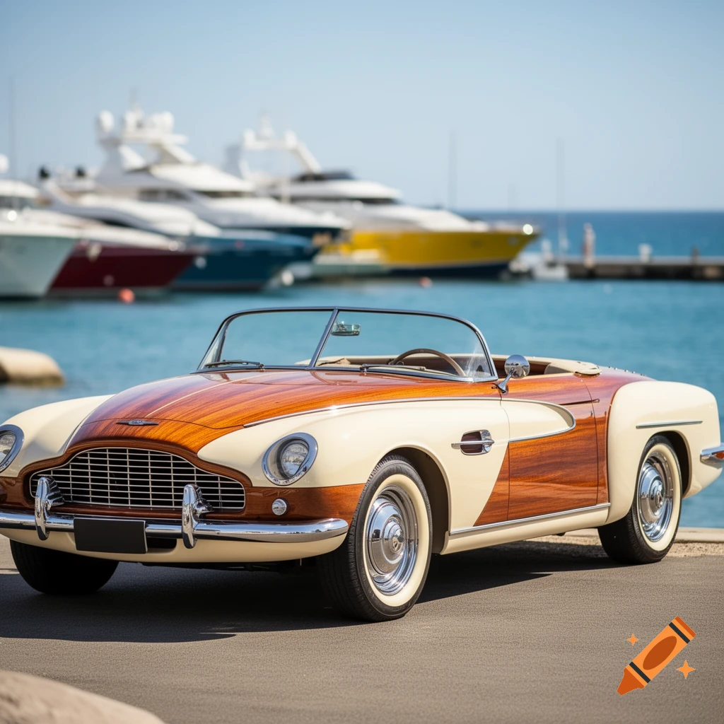 A vintage-style cream and wood paneled convertible car parked by the sea with luxury yachts in the background under a clear sky.