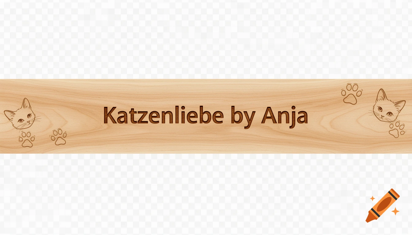 A light wood banner with the text "Katzenliebe by Anja" carved in the center, flanked by minimalist line drawings of cat faces and paw prints.