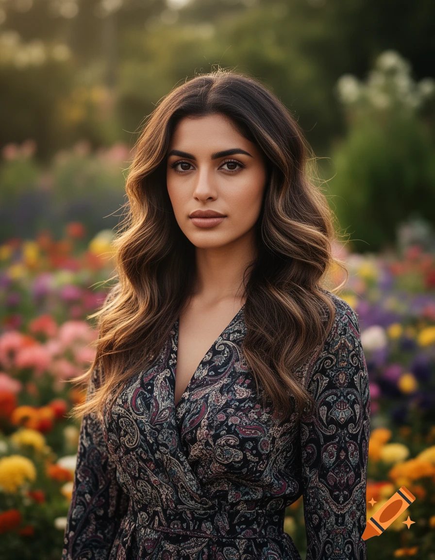A photorealistic portrait of a young woman with long wavy brown hair, wearing a patterned dress, standing in a colorful flower garden.