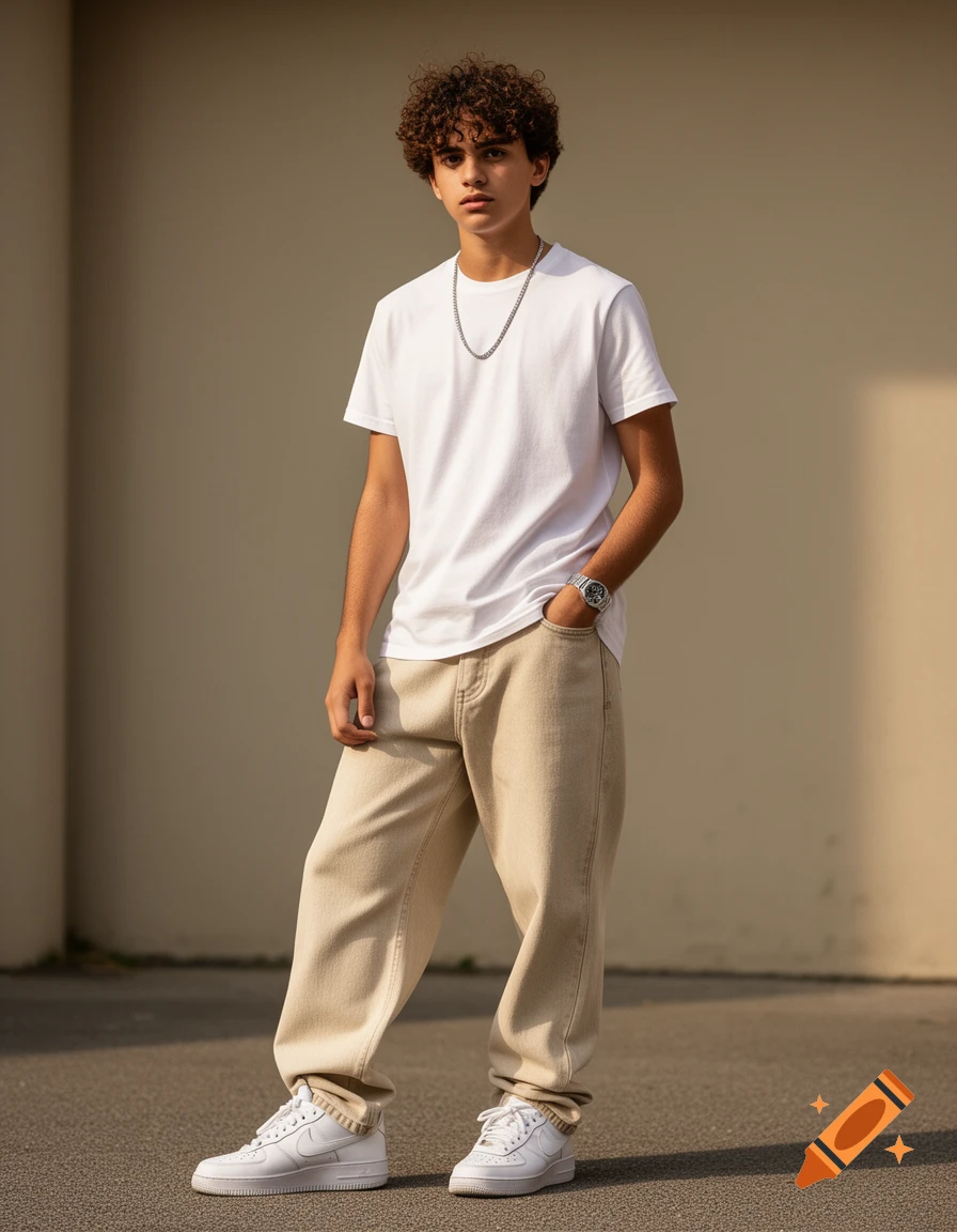 A young man with curly brown hair, wearing a white t-shirt, beige baggy jeans, white sneakers, a silver chain, and a watch, standing against a plain wall in a photorealistic style.