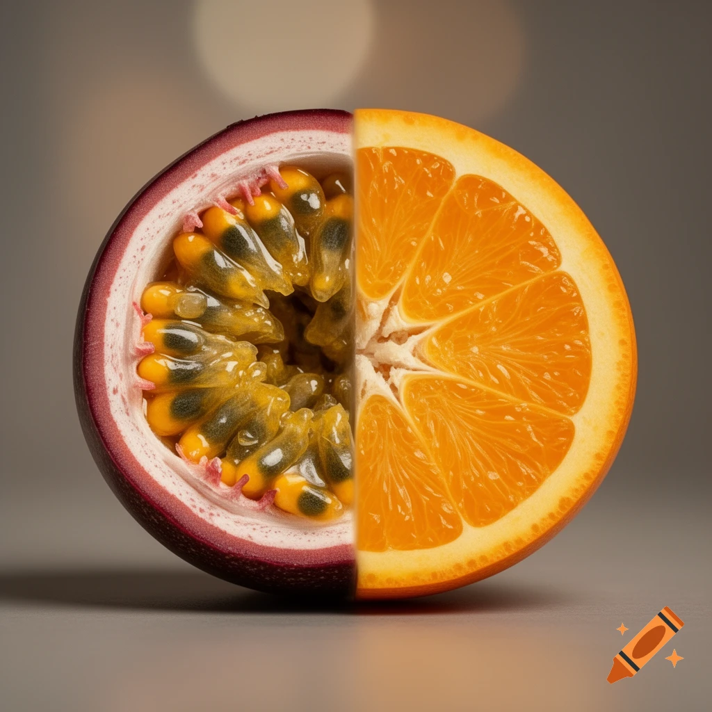 A photorealistic close-up of a fruit cut in half, with the left side a passionfruit and the right side an orange.