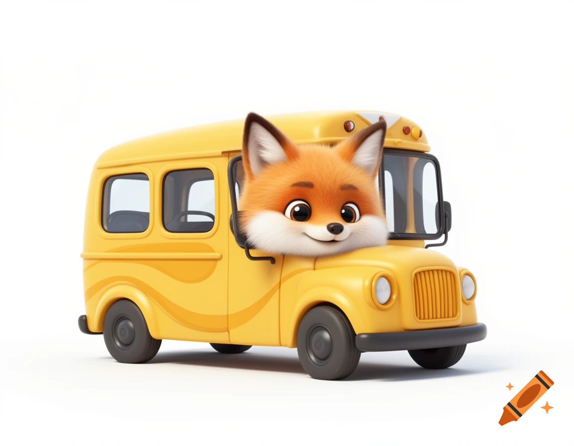 A cute cartoon fox peeks from the driver's window of a yellow bus, isolated on a white background.