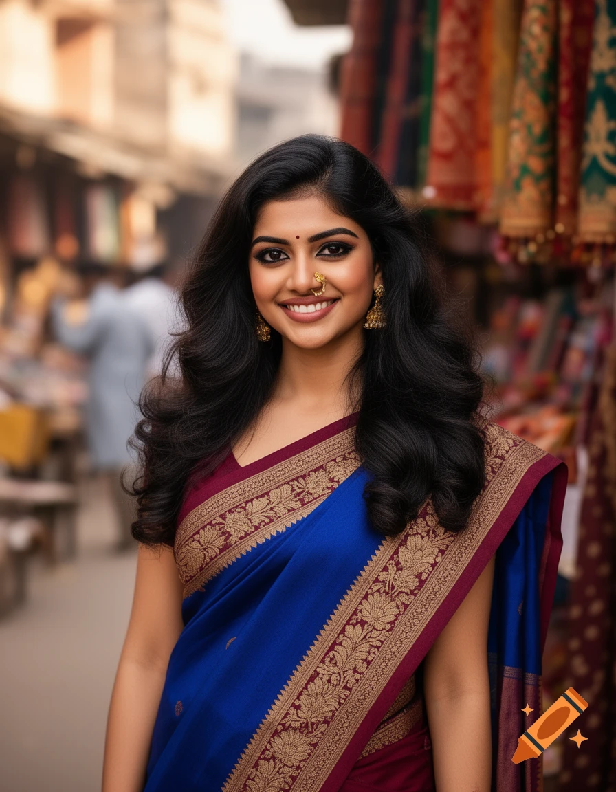 Photorealistic portrait of a smiling young Indian woman in a blue and maroon saree with gold trim, standing in a market.