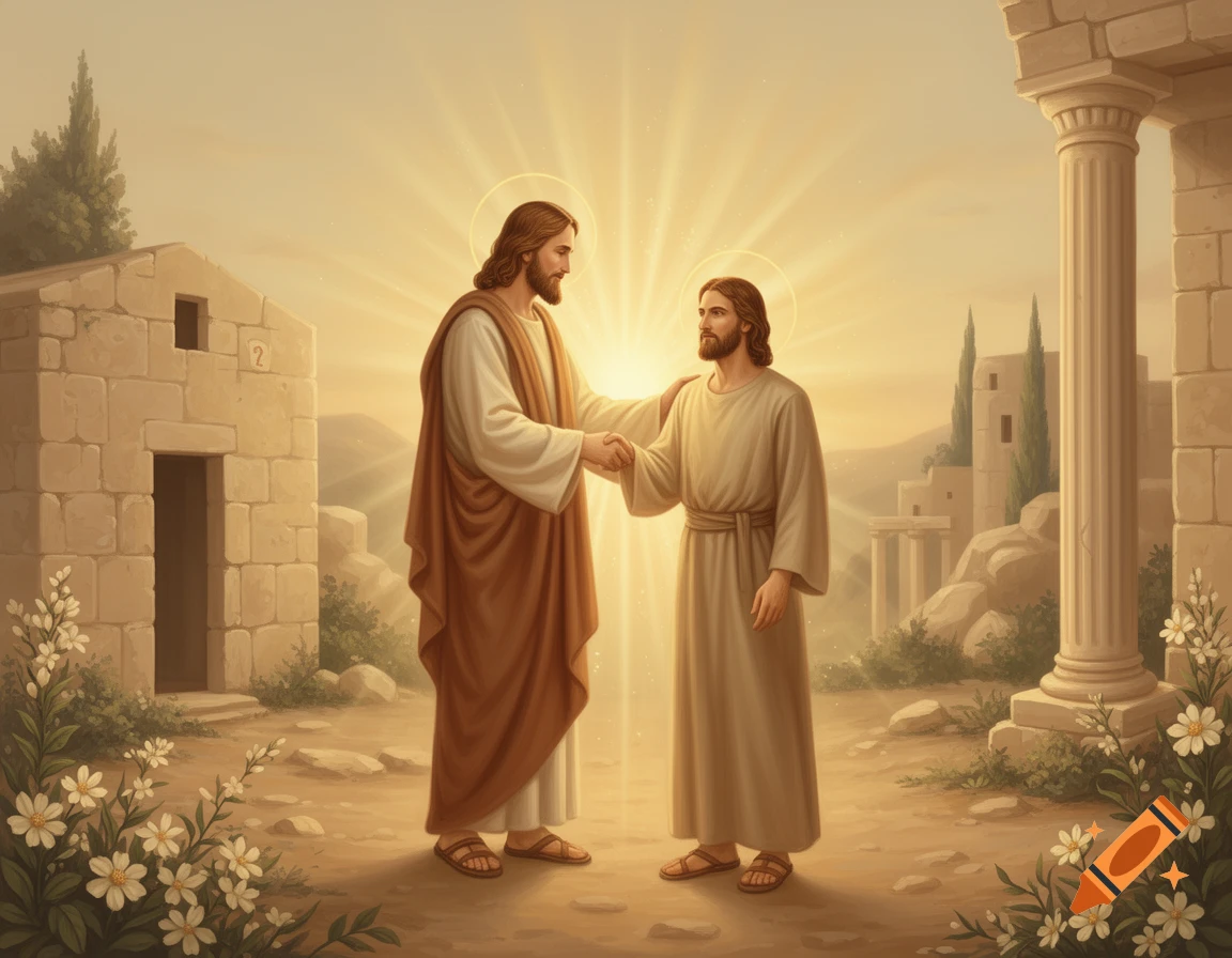 Two men resembling Jesus shake hands, bathed in golden light, in an ancient landscape with stone buildings and flowers.