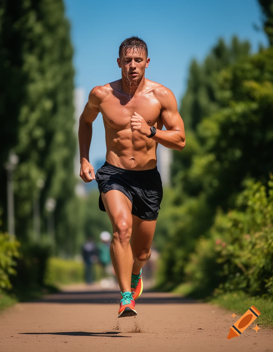 A muscular man runs shirtless on a dirt path lined with green trees under a clear blue sky, sweat dripping from his face.