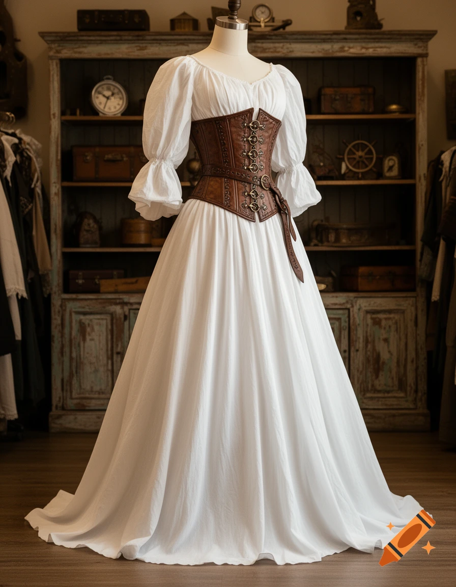 A mannequin wears a white puffy-sleeved blouse, a long white skirt, and a brown leather corset with metal clasps in a vintage setting.