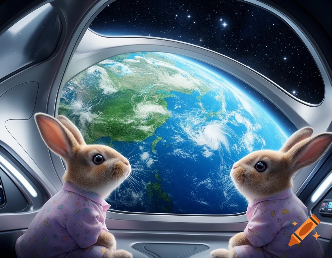 Two cute bunnies in pink pajamas look out a spaceship window at Earth in space.