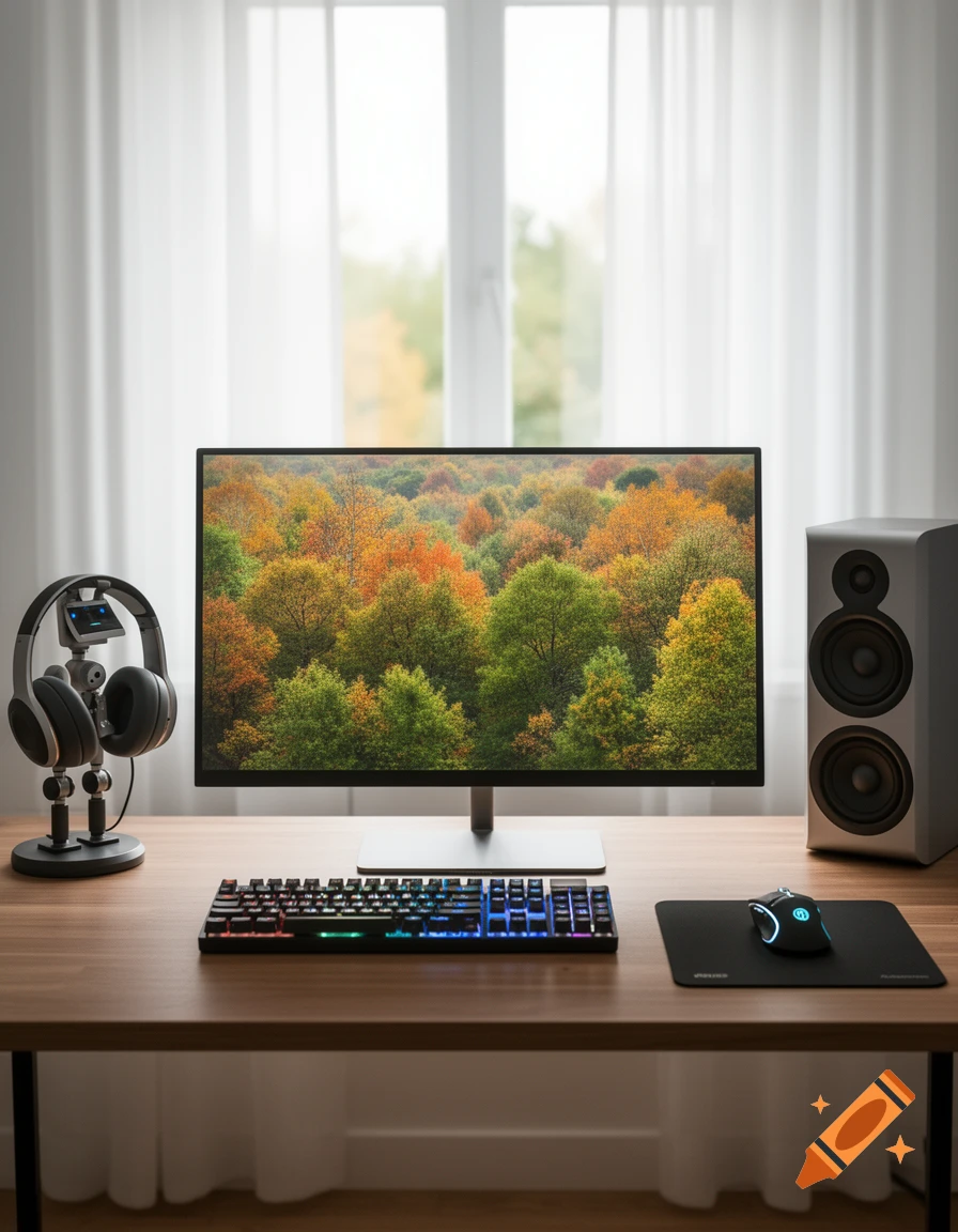 A clean desk setup with a monitor displaying an autumn forest, a gaming keyboard, mouse, headphones on a stand, and a speaker.