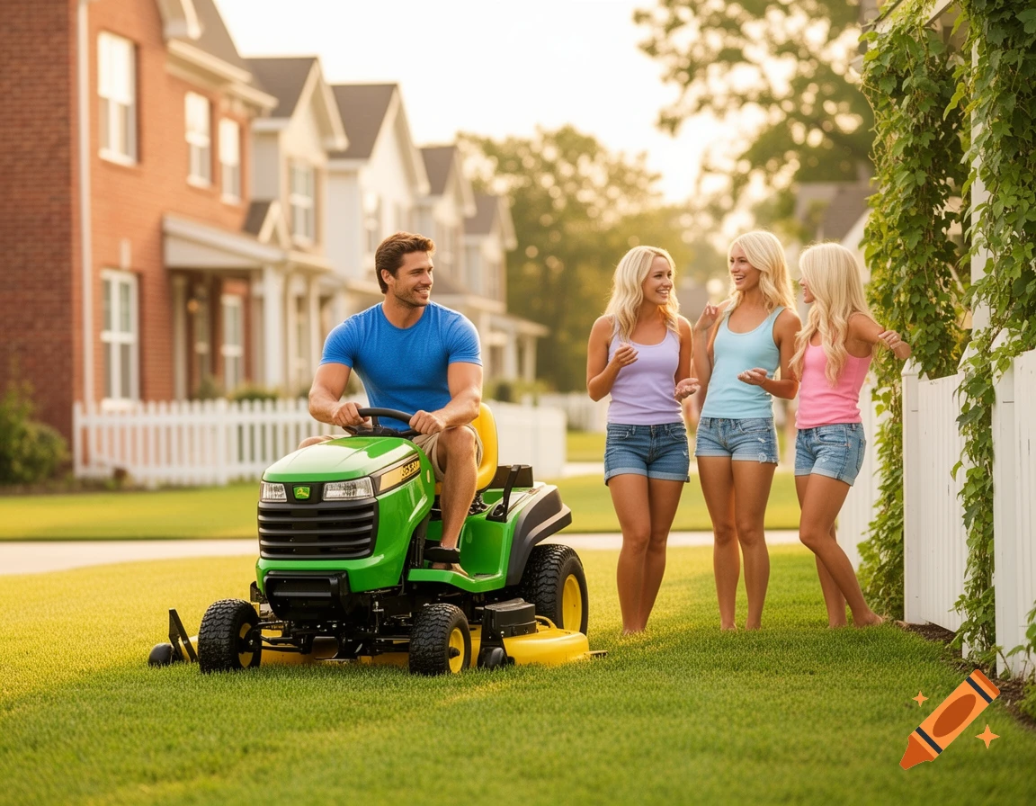 Man on a green lawnmower mows grass as three blonde women in shorts chat on a sunny suburban street.