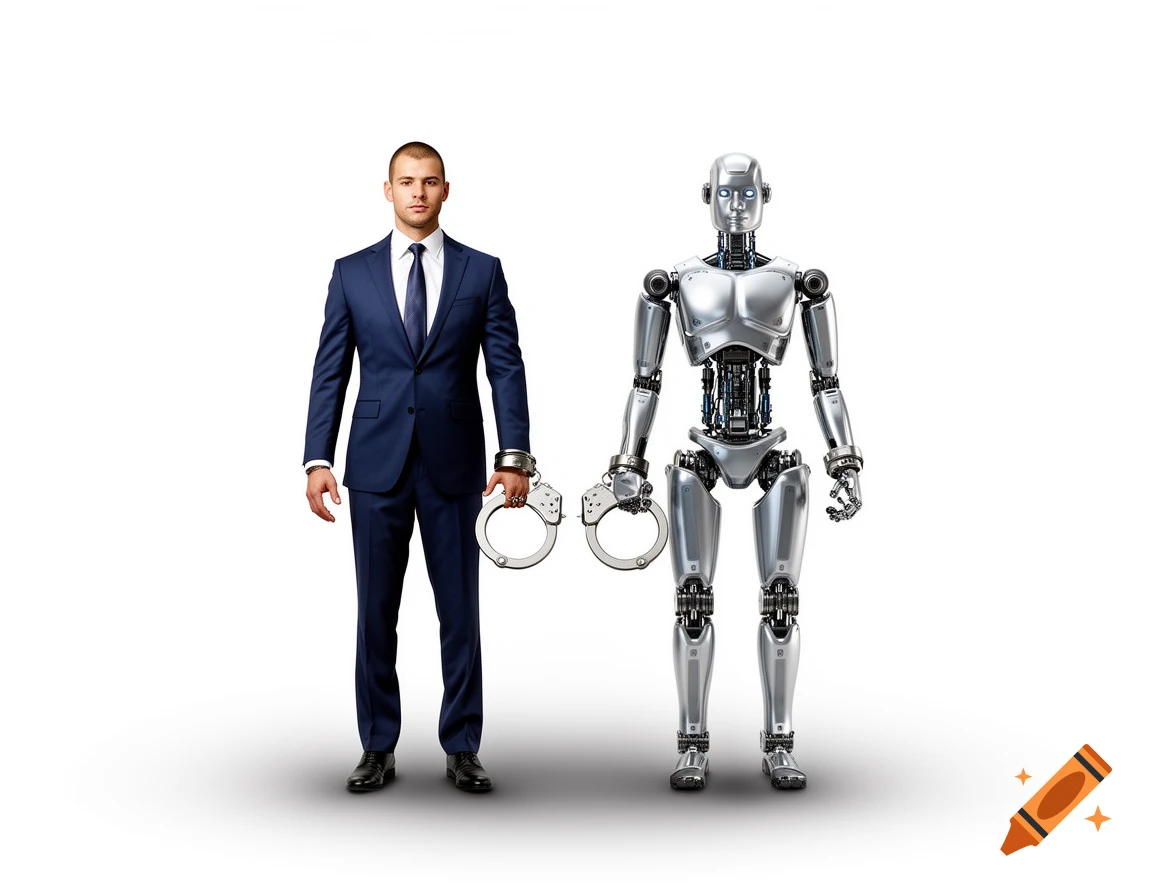 A photorealistic image of a businessman and a humanoid robot, both wearing handcuffs on their wrists, standing against a white background.