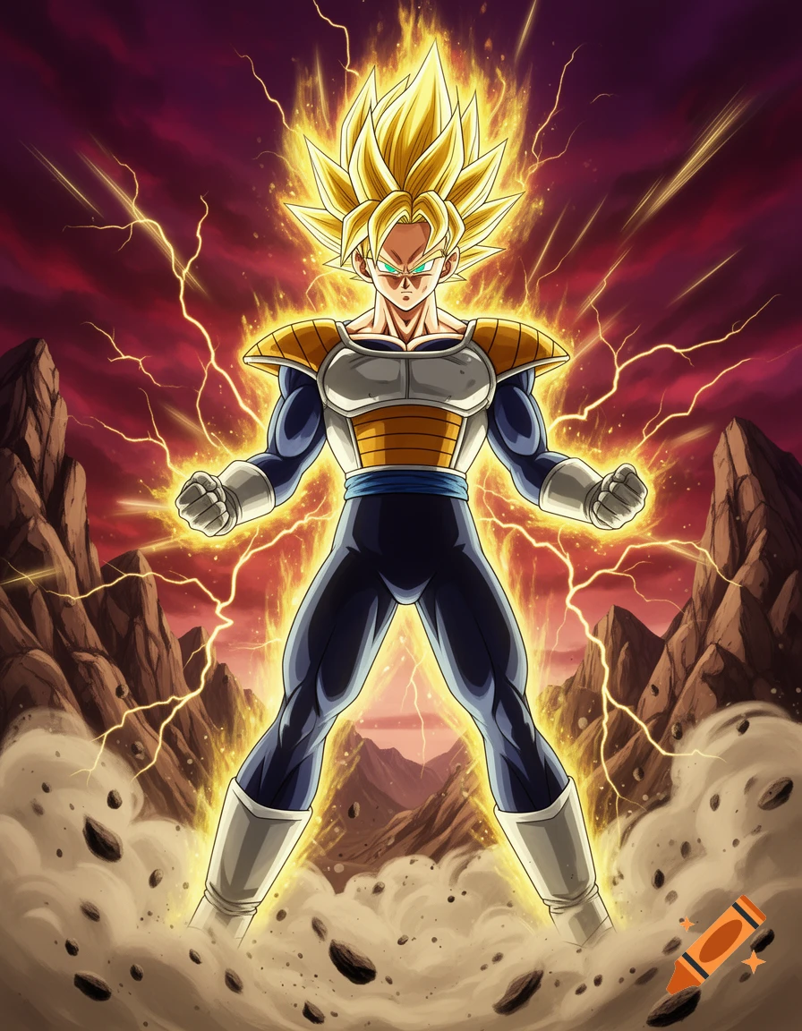 A powerful anime character in Dragon Ball Z style, resembling Super Saiyan Goku wearing Vegeta's armor, radiating golden energy with lightning against a dark red sky and rocky landscape.