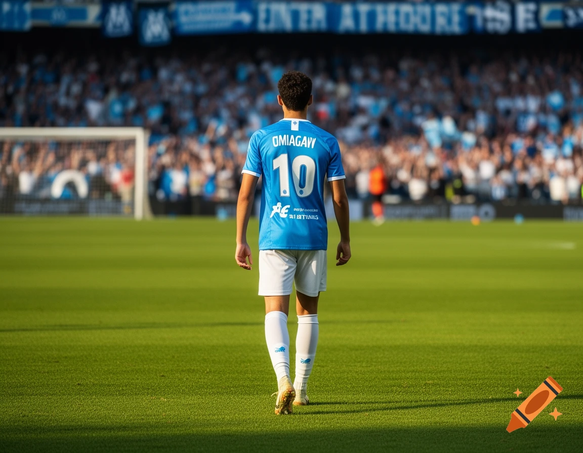 A young male soccer player in a blue and white jersey with number 10 stands on a green field, facing a stadium full of spectators.