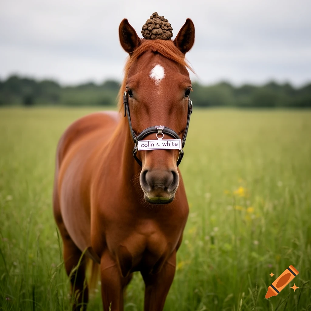 A brown horse with a nametag 'colin s. white' and a pile of poop on its head stands in a green field.