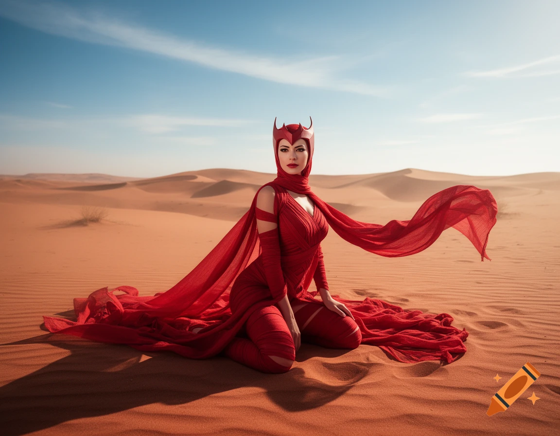 A woman in a red Scarlet Witch costume kneels in a red sandy desert, with her red linen wrappings flowing in the wind. Photorealistic.