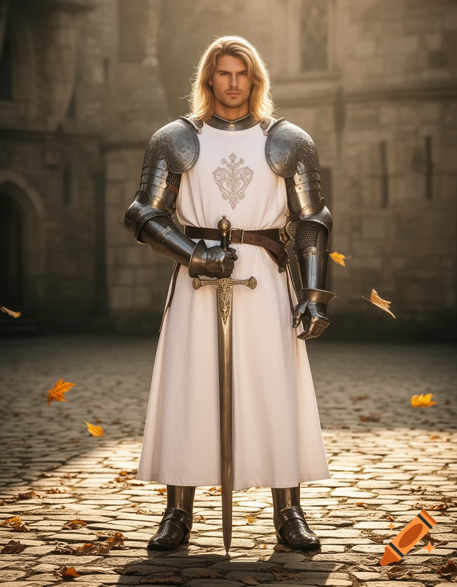 Photorealistic image of a blonde knight in white tunic and armor, standing with a sword in a castle courtyard with fallen leaves.