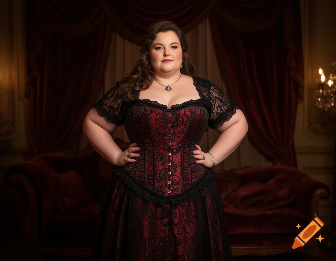 A woman in a red and black lace corset dress stands with hands on hips in an ornate room with red velvet curtains.