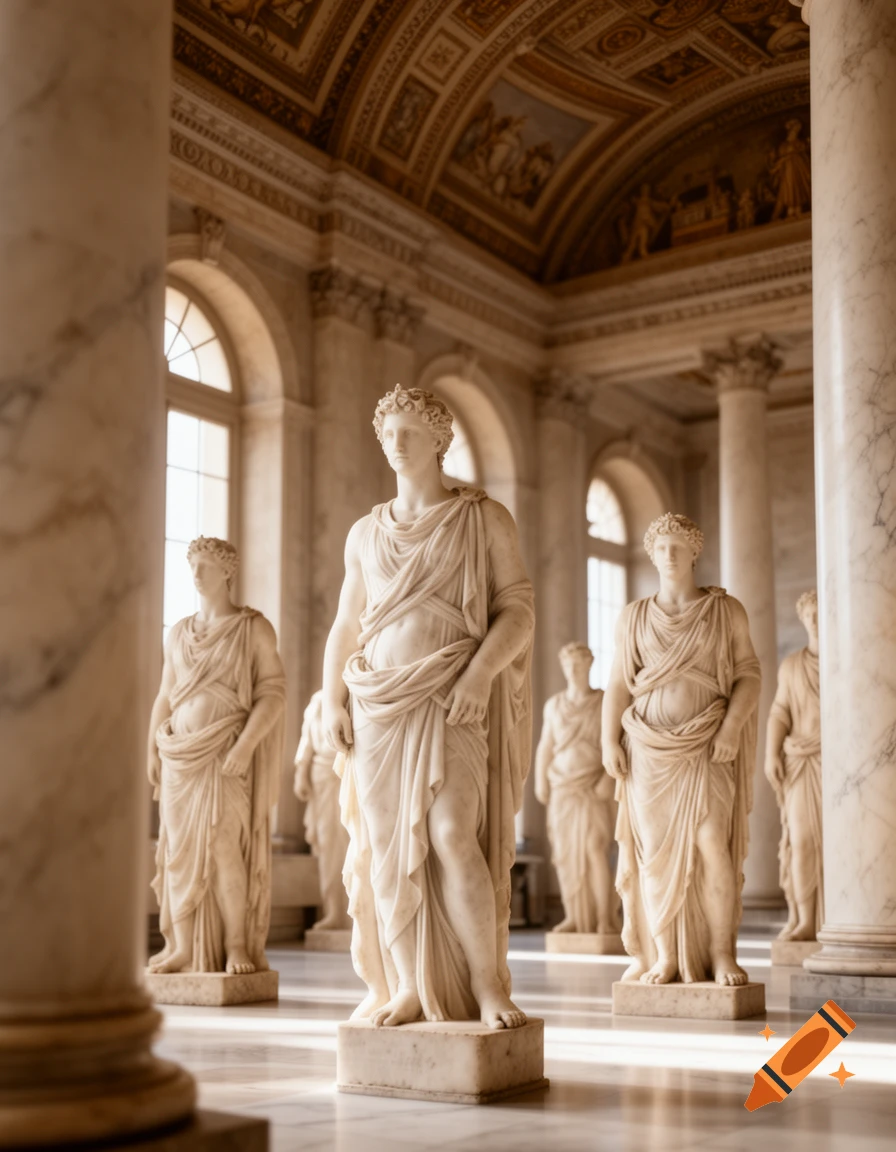 Multiple white marble classical statues stand in a grand museum hall with vaulted ceilings, large windows, and marble columns.