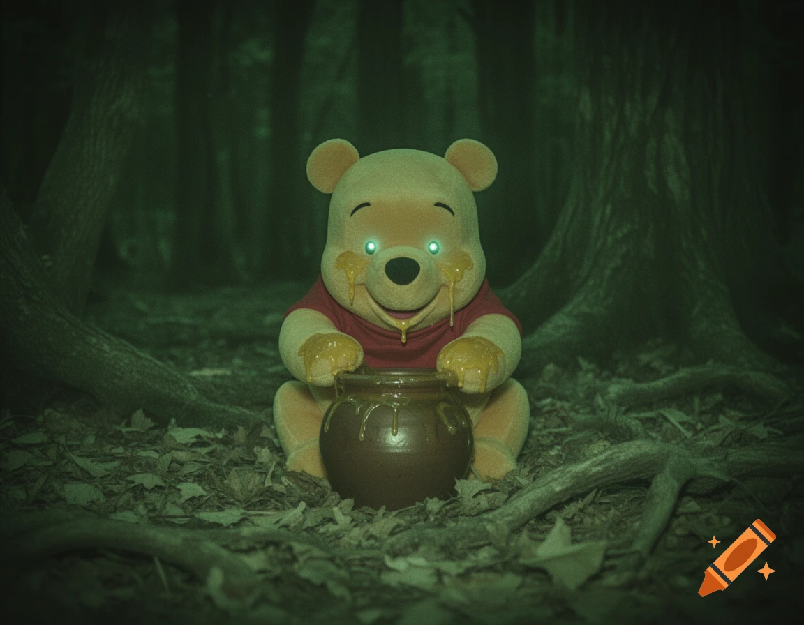 Winnie the Pooh with glowing eyes, covered in honey, crouches over a pot in a dark nightvision forest.