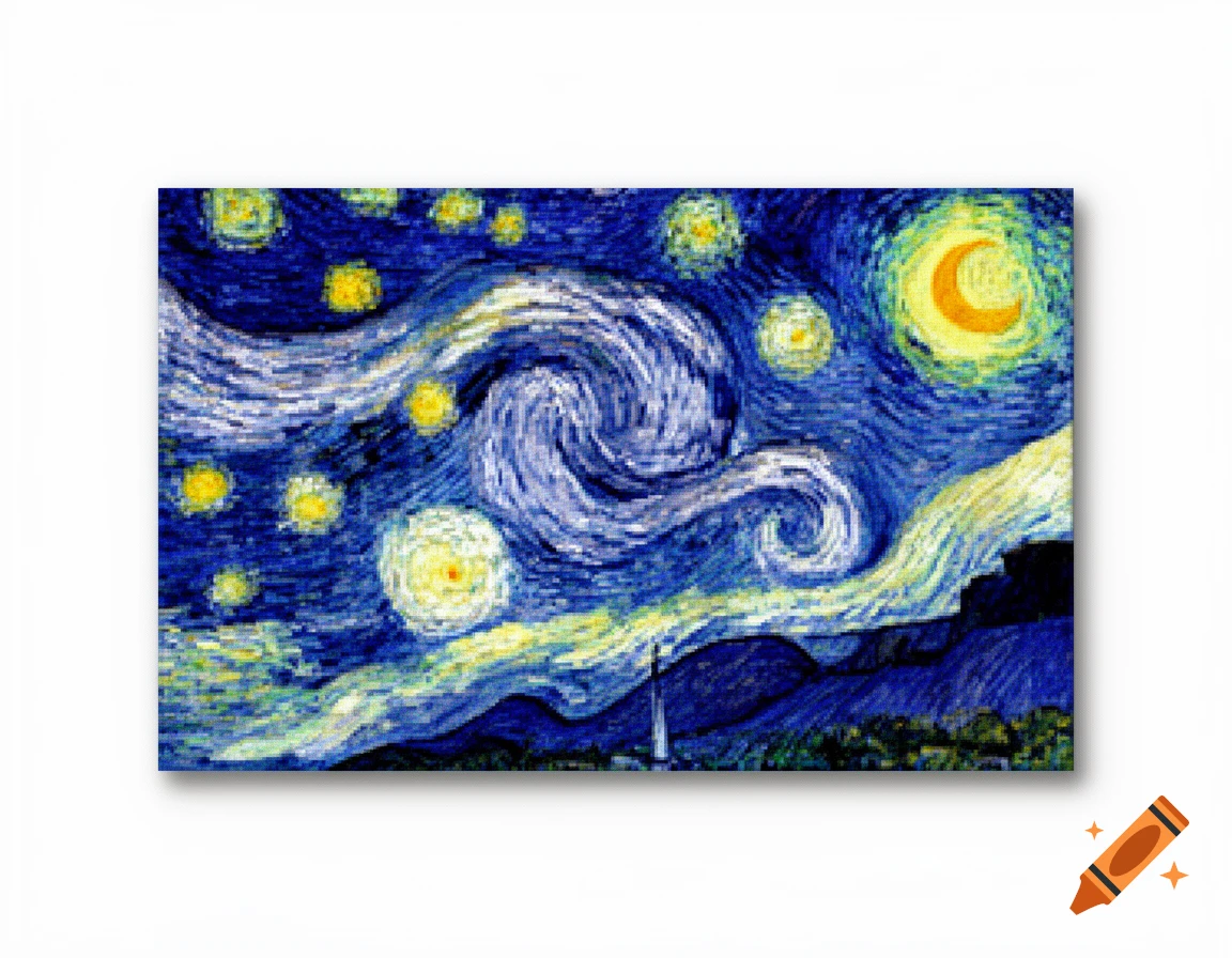 A pixelated, stylized rendition of Van Gogh's The Starry Night painting with a swirling blue sky, yellow stars, and a crescent moon.