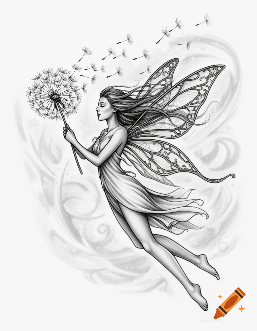 Black and white drawing of a fairy with intricate wings, holding a dandelion as its seeds blow in the wind.