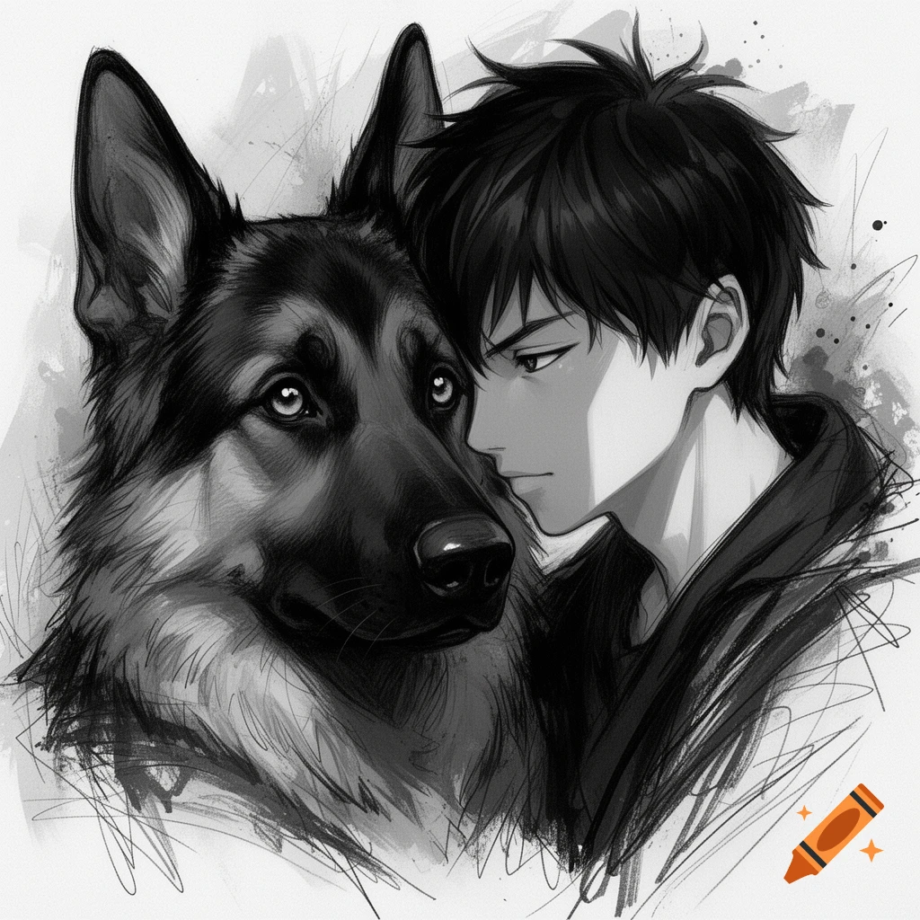 A monochrome anime-style illustration of a boy with dark hair embracing a German Shepherd, both with intense expressions.