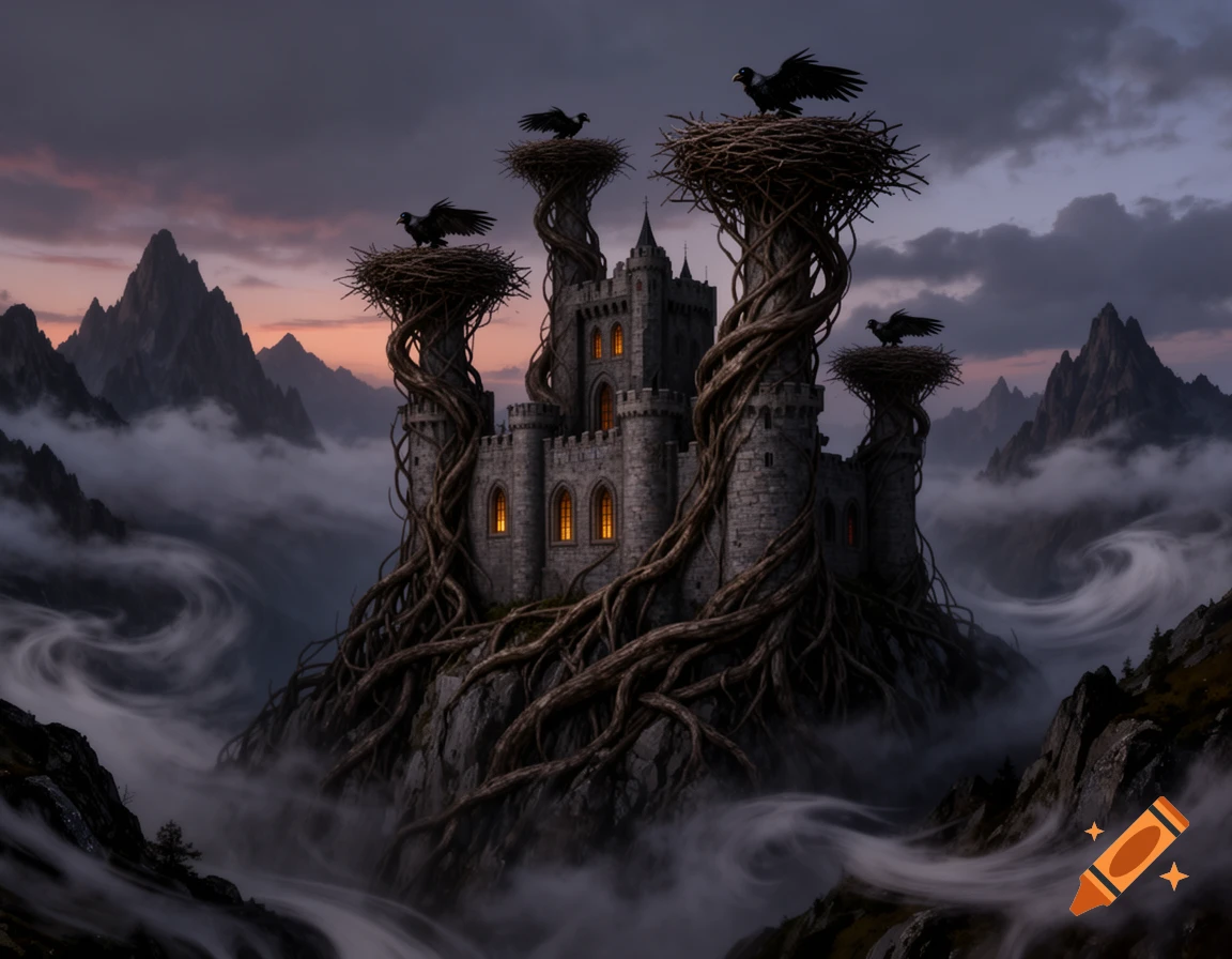 A dark fantasy castle with large roots and nests, where vultures perch on spires, surrounded by swirling mist and jagged mountains at twilight.