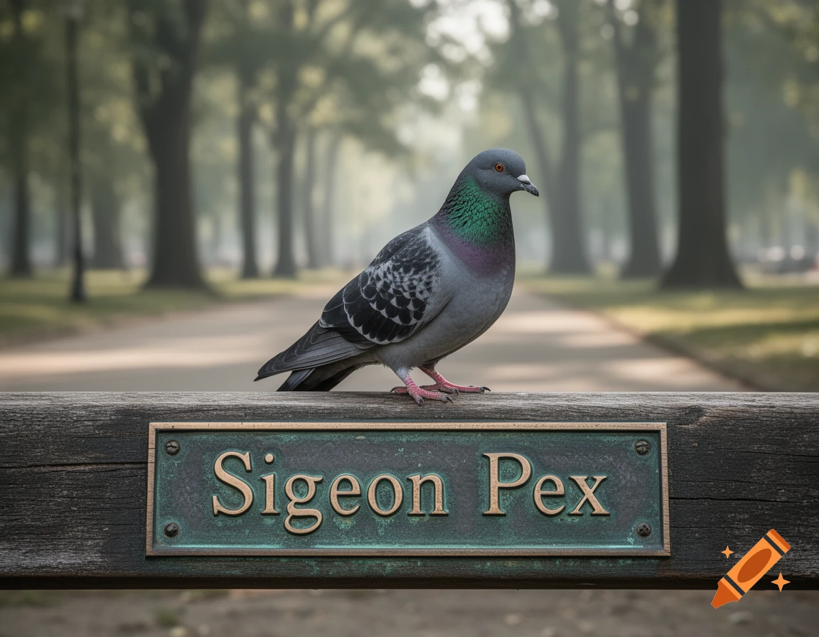 A photorealistic pigeon with iridescent neck feathers stands on a wooden beam, which features a metal plaque engraved with "Sigeon Pex," set in a blurry park.