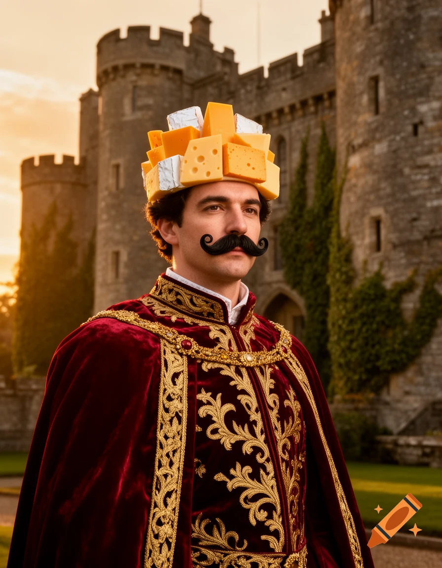 A man in a red and gold royal robe with a cheese crown and handlebar mustache stands before a castle at sunset.