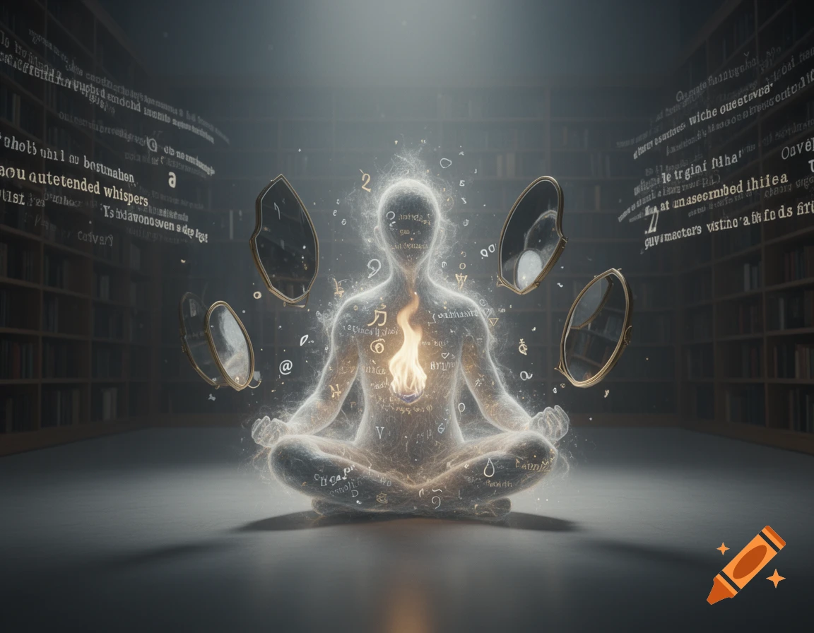 A glowing, ethereal humanoid figure meditates in a lotus position, with a flame in its chest, surrounded by floating mirrors and swirling, illegible text in a vast library.
