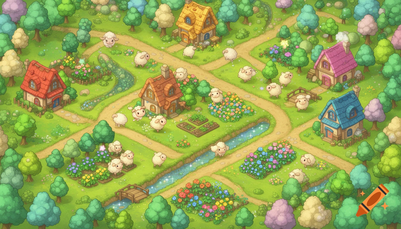 Isometric view of a cute, colorful game map with houses, roads, trees, and sheep.