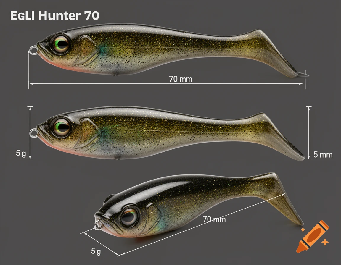 Product photo of three EgLI Hunter 70 fishing lures in different views, with dimensions 70mm, 5g, and 5mm clearly marked.