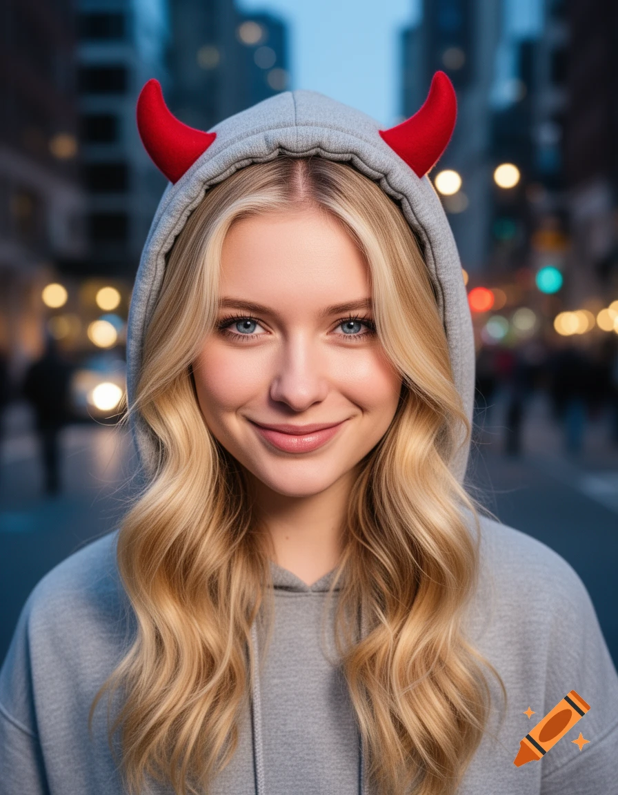 A smiling blonde woman in a grey hoodie with small red devil horns, outdoors in a city setting.