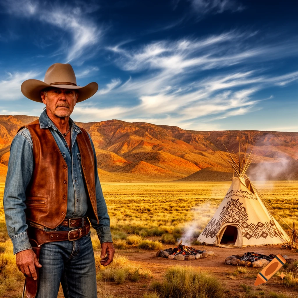 A cowboy stands in a desert landscape with mountains, a teepee, and a campfire under a blue sky.