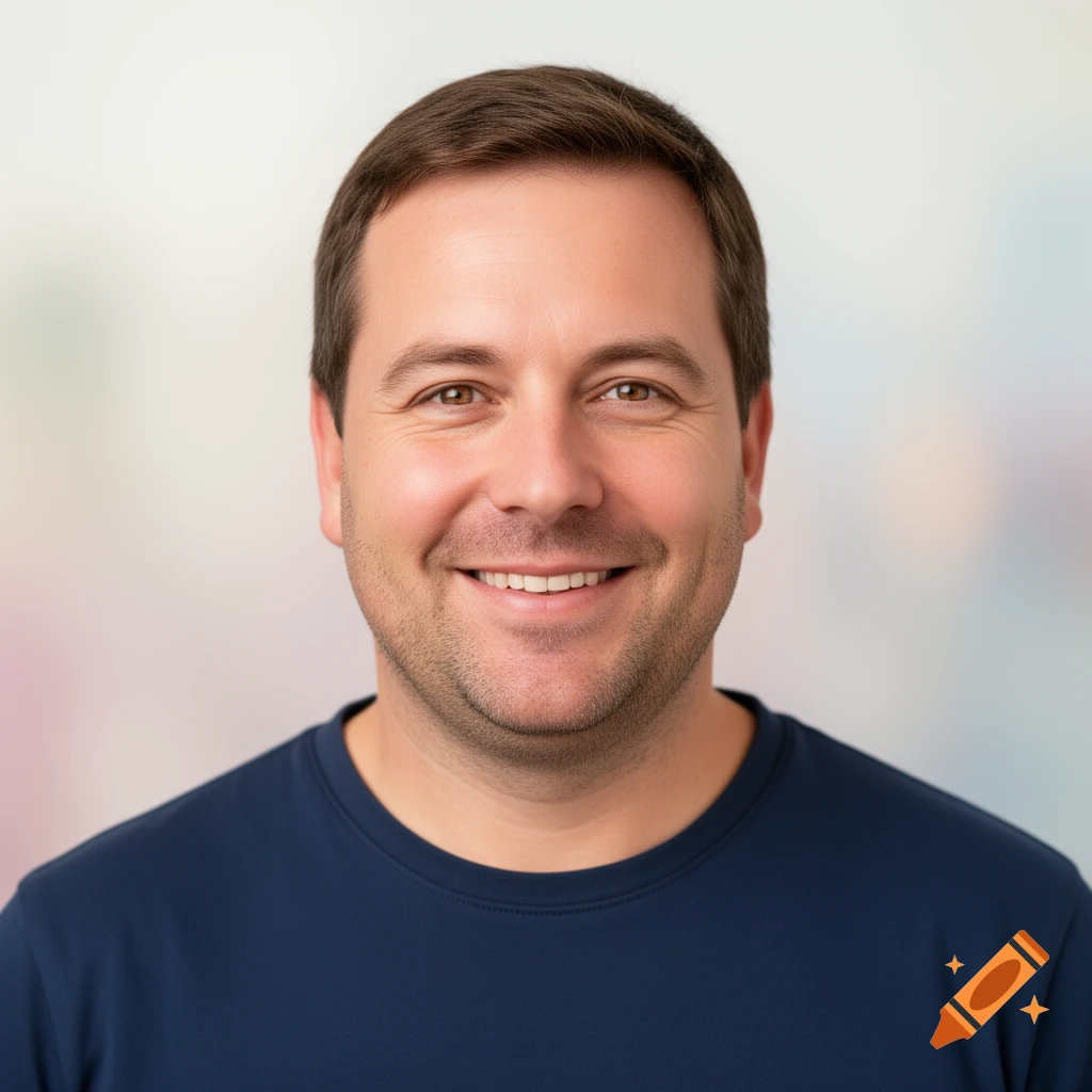 A man with short brown hair, light stubble, and a warm smile wears a navy blue shirt against a softly blurred background.