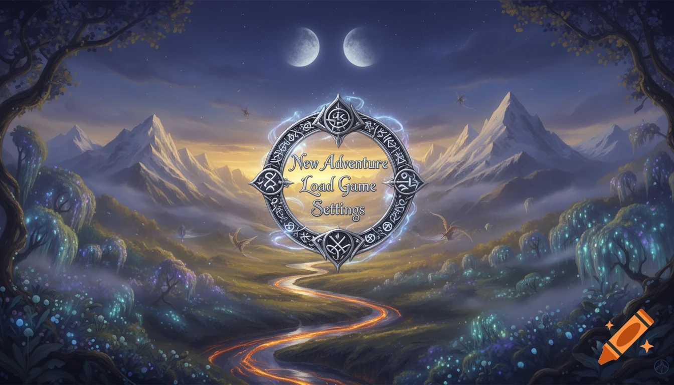 A fantasy video game main menu featuring a magical landscape with mountains, a glowing river, glowing flora, and two moons.