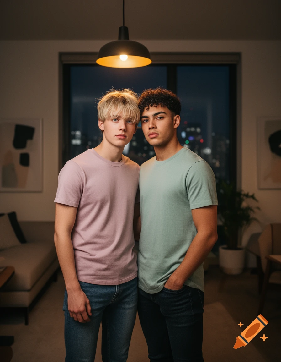 Two young men stand closely in a modern apartment. One has blonde hair and a pink shirt, the other has curly dark hair and a mint green shirt.