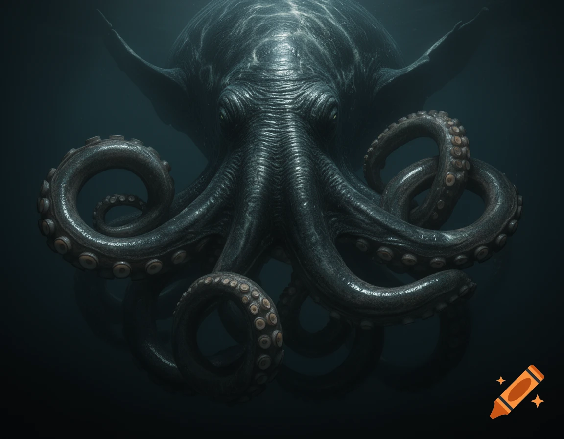 A terrifying dark Cthulhu-like creature with many coiled tentacles emerges from deep, dark water.